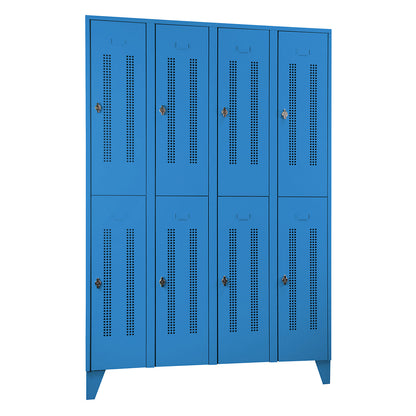 Berlin 1 double deck clothes locker, 4 sections, light blue, width 1200 mm, 8 compartments.