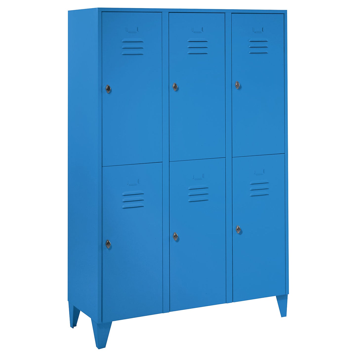Berlin 2 double deck clothes locker, 3 compartments, light blue, width 1200 mm, flat roof shape.