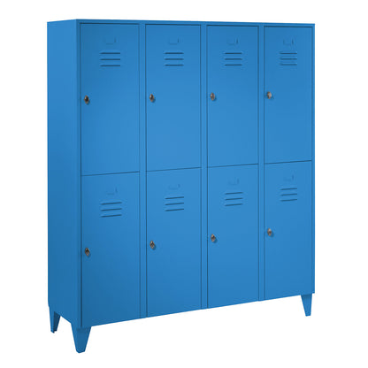 Berlin 2 double deck clothes locker, 4 compartments, light blue, width 1600 mm, flat roof shape.
