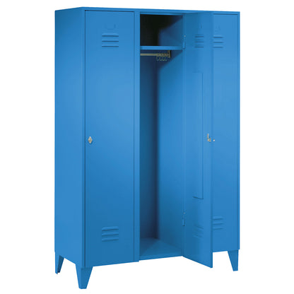 Berlin 2 clothes locker, 3 compartments, light blue, width 1200 mm, flat roof shape.