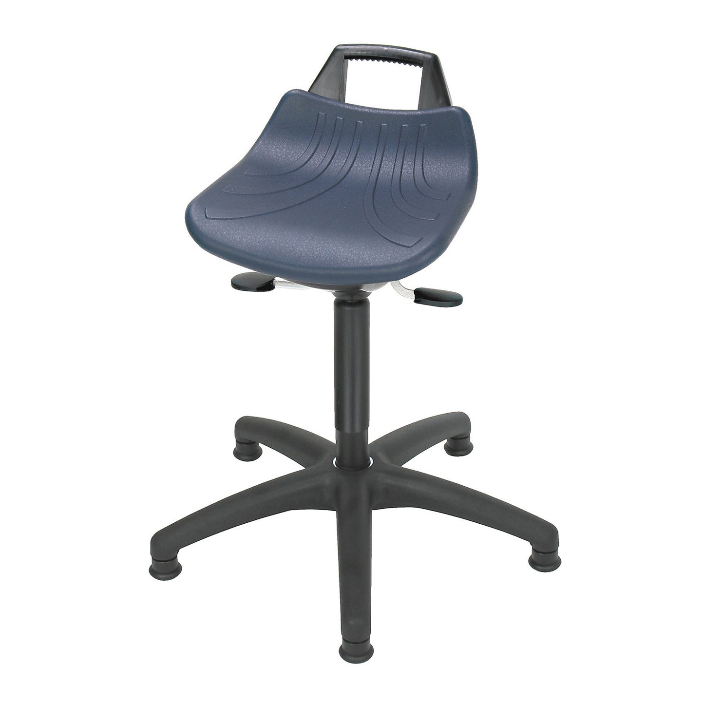 Stool with gas-lift height adjustment, with glides, polyurethane foam seat in blue.
