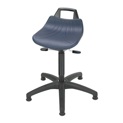 Stool with gas-lift height adjustment, with glides, polyurethane foam seat in blue.