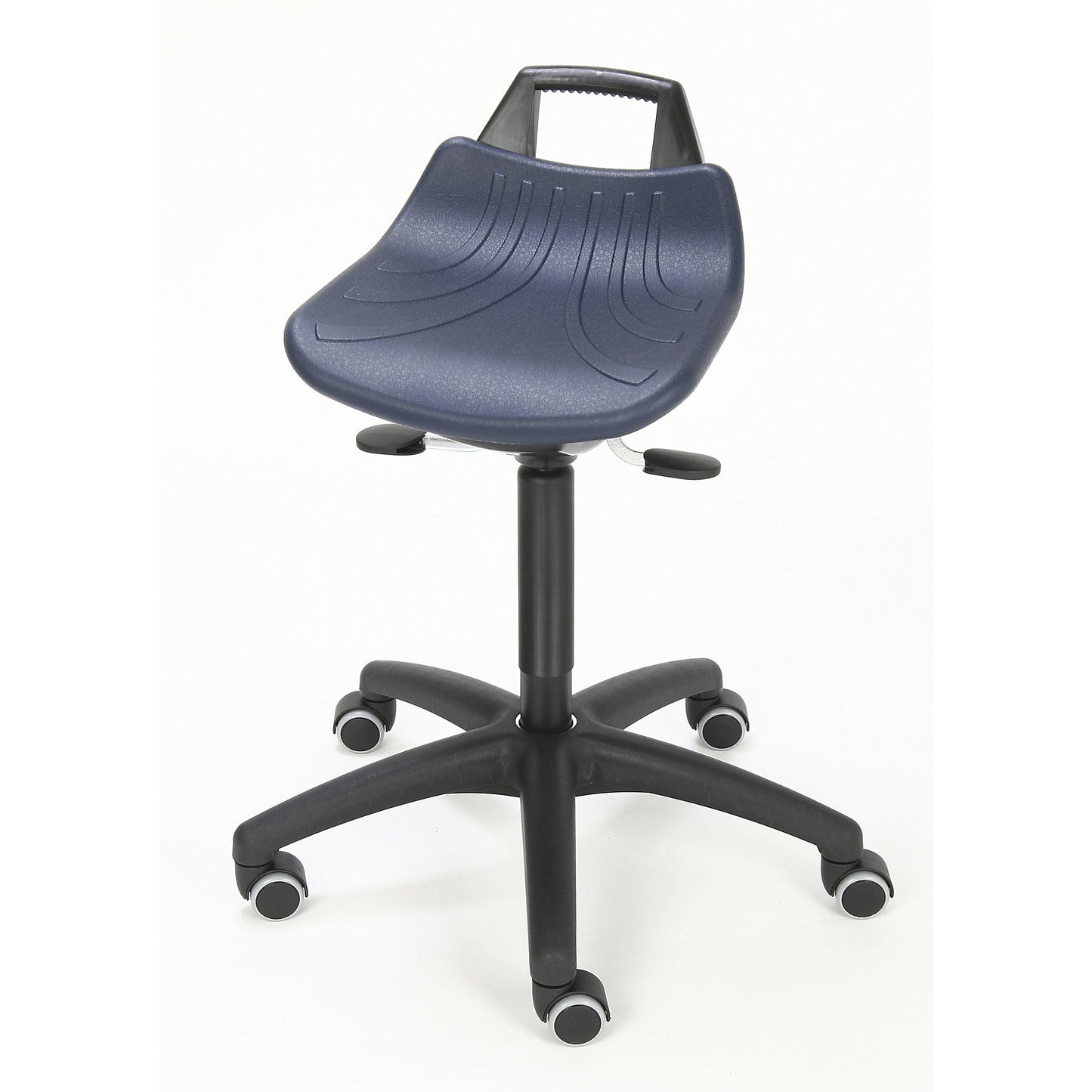 Stool with gas-lift height adjustment, with castors, polyurethane foam seat in blue.