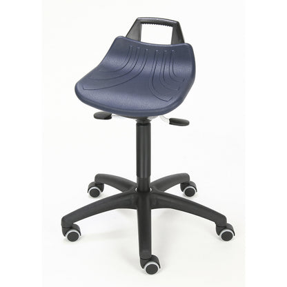 Stool with gas-lift height adjustment, with castors, polyurethane foam seat in blue.