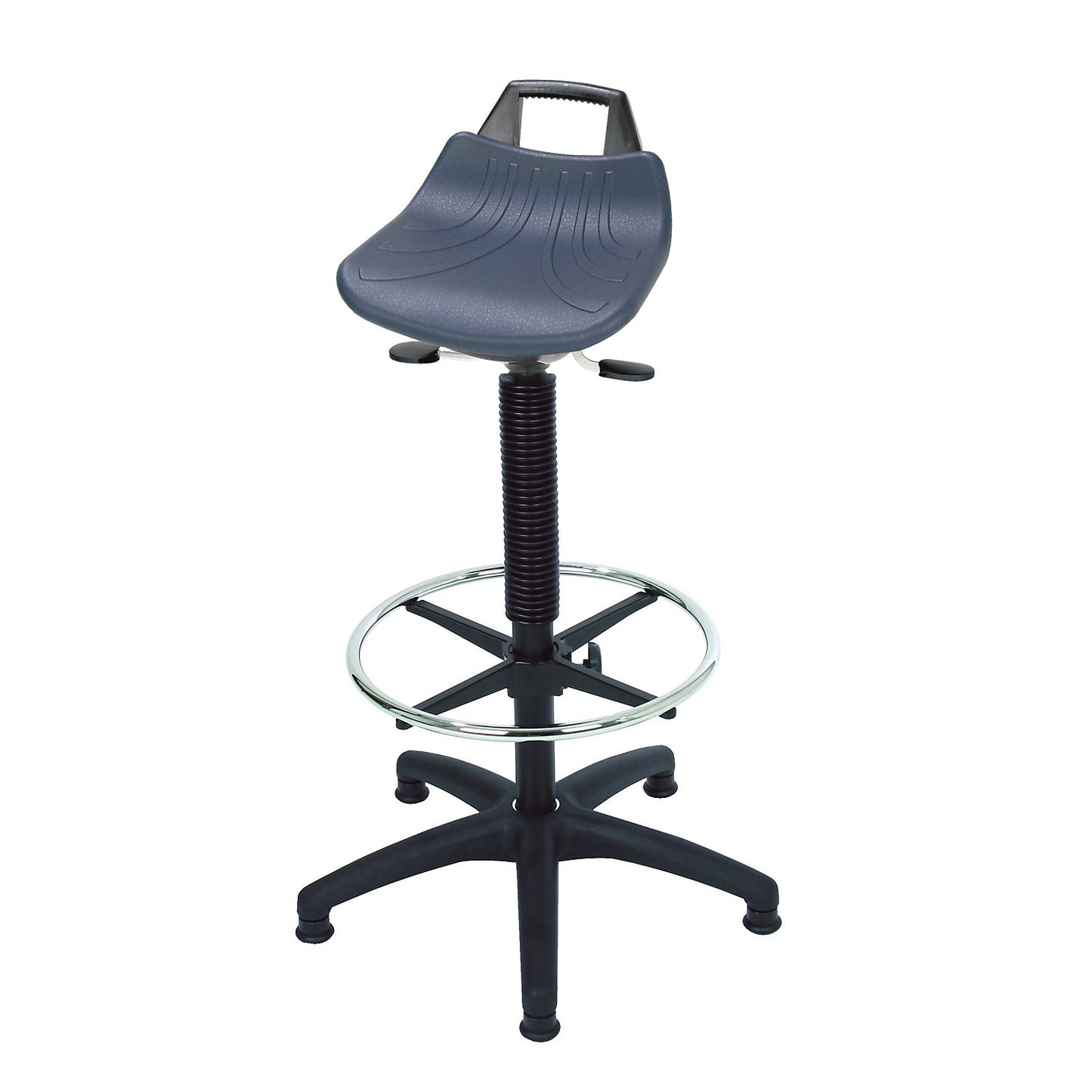 Stool with gas-lift height adjustment, with floor glides and chrome plated foot ring, polyurethane foam seat in blue.