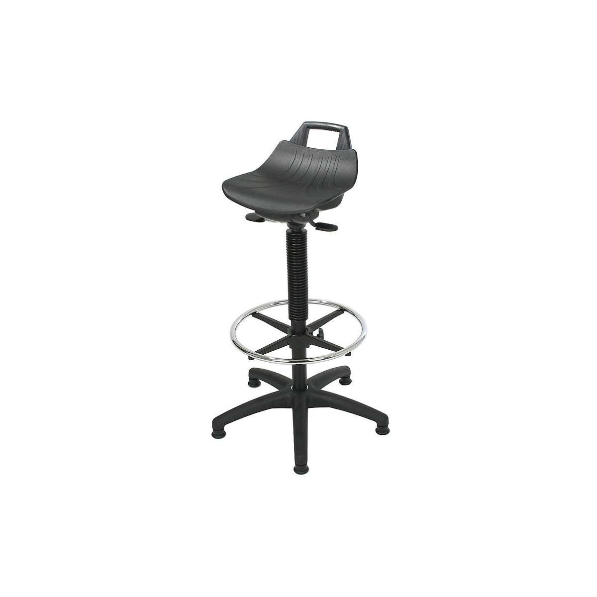 Stool with gas-lift height adjustment, with floor glides and chrome plated foot ring, hard plastic seat in black.
