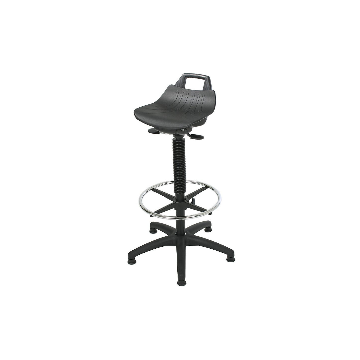 Stool with gas-lift height adjustment, with floor glides and chrome plated foot ring, hard plastic seat in black.