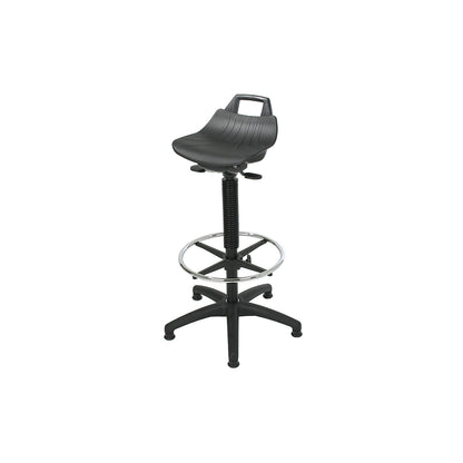 Stool with gas-lift height adjustment, with floor glides and chrome plated foot ring, hard plastic seat in black.