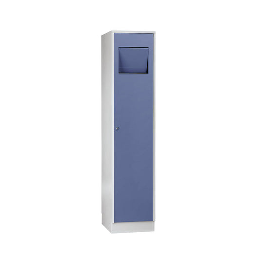 Laundry cupboard, with self-closing access flap, pigeon blue RAL 5014.