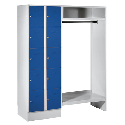 Dresden cloakroom locker system, 2 compartments on left, 1 coat rail, W 1470 mm, light grey / gentian blue.