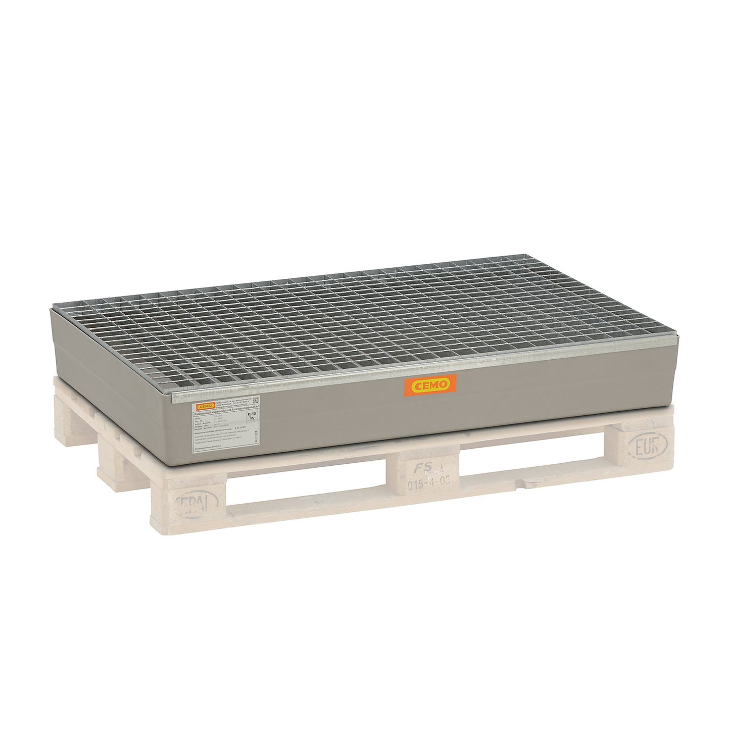 GRP pallet sump tray, with certification, with stop lugs, with steel grate.