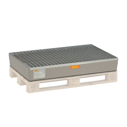 GRP pallet sump tray, with certification, with stop lugs, with steel grate.