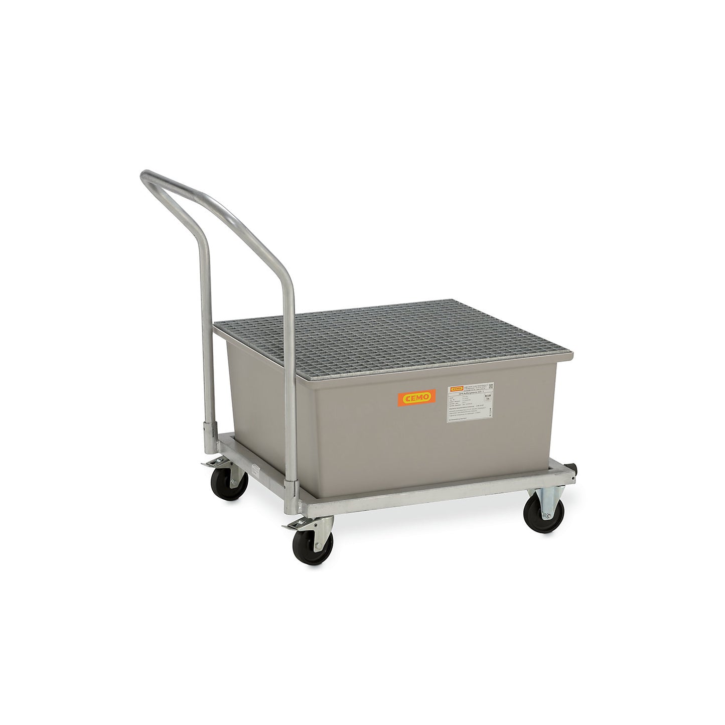 Mobile GRP sump tray, with steel grate, LxWxH 1090 x 860 x 1080 mm.