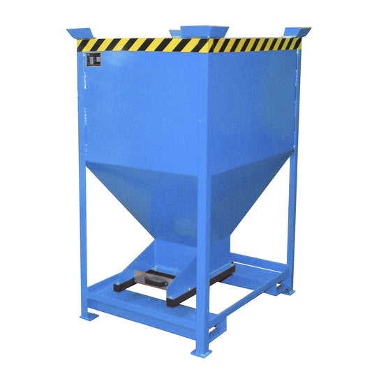 Dispensing hopper, funnel head, stationary with forklift pockets, capacity 0.6 m³, light blue.