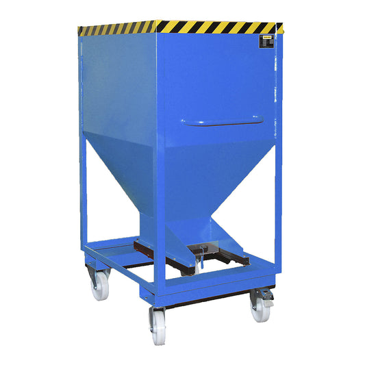 Dispensing hopper, funnel head, mobile with forklift pockets, capacity 0.6 m³, light blue.
