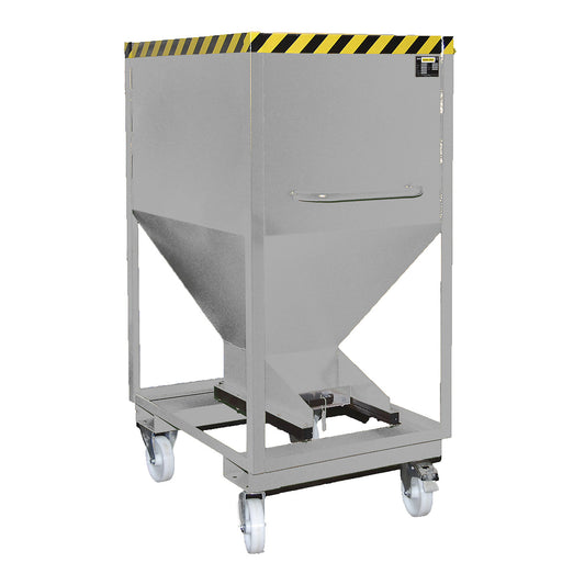 Dispensing hopper, funnel head, mobile with forklift pockets, capacity 0.6 m³, galvanised.