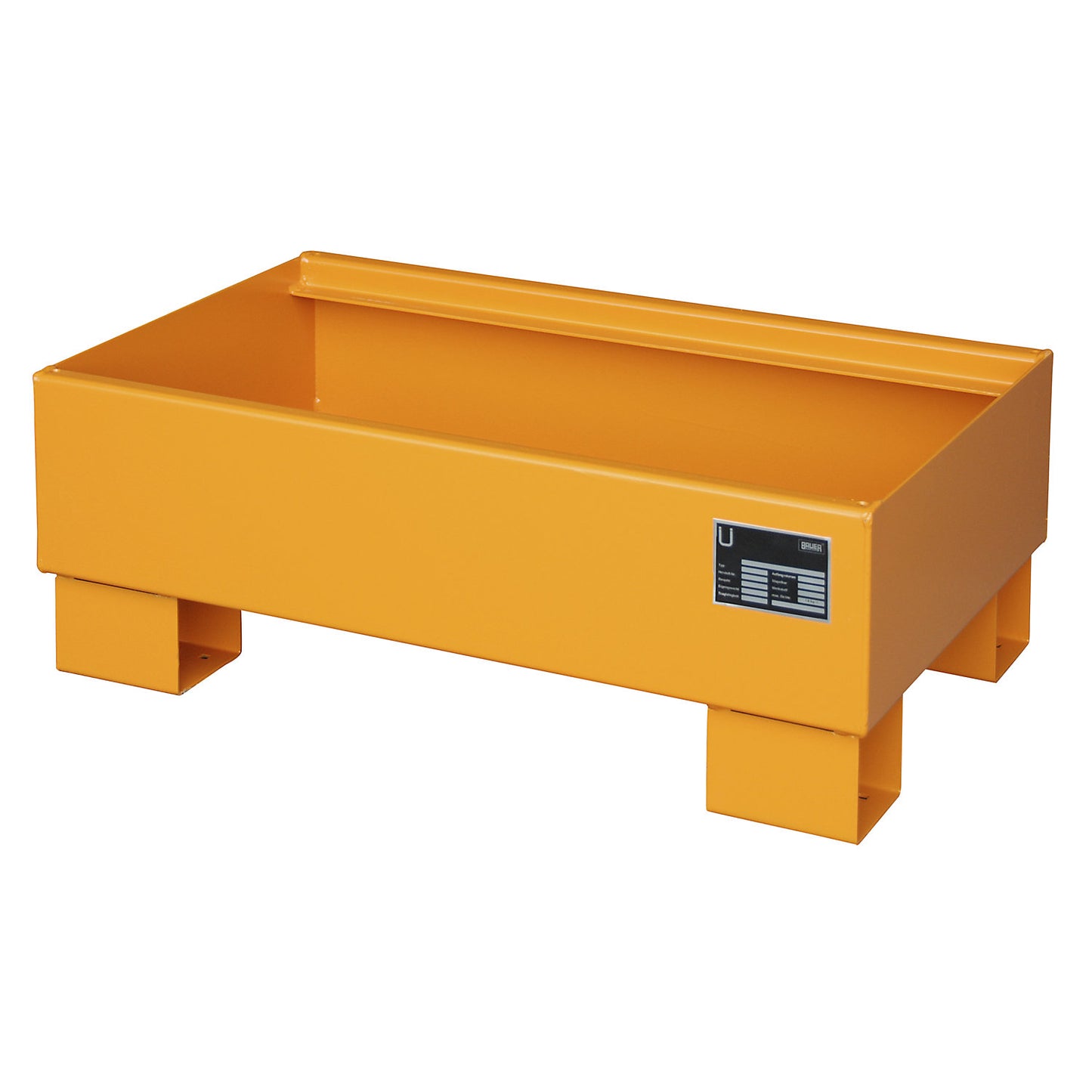 Steel sump tray, LxWxH 800 x 500 x 290 mm, painted orange RAL 2000, without grate.