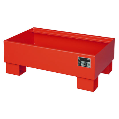 Steel sump tray, LxWxH 800 x 500 x 290 mm, painted flame red RAL 3000, without grate.