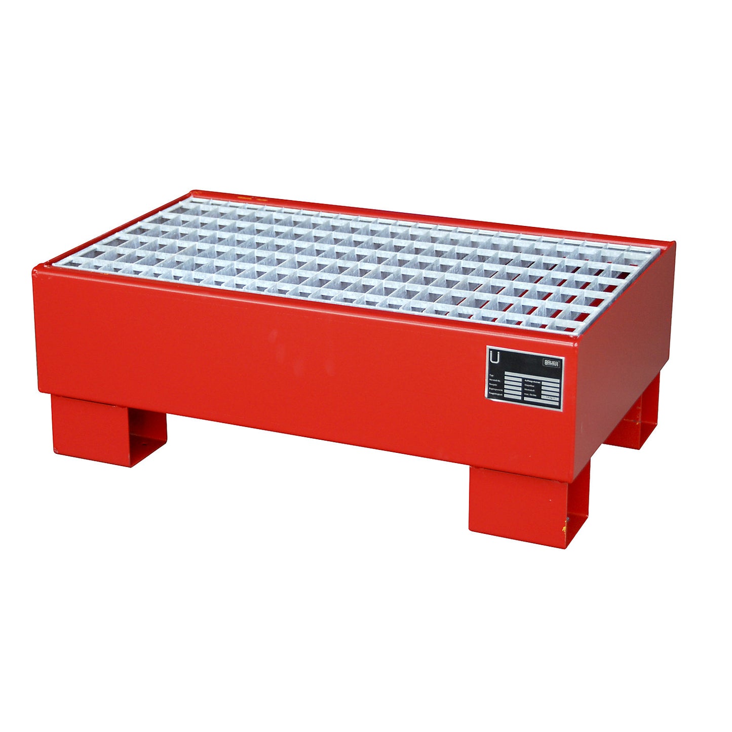 Steel sump tray, LxWxH 800 x 500 x 290 mm, painted flame red RAL 3000, with grate.