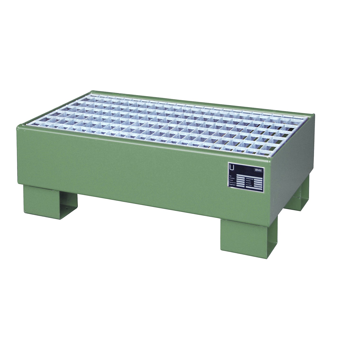 Steel sump tray, LxWxH 800 x 500 x 290 mm, painted fir green RAL 6011, with grate.