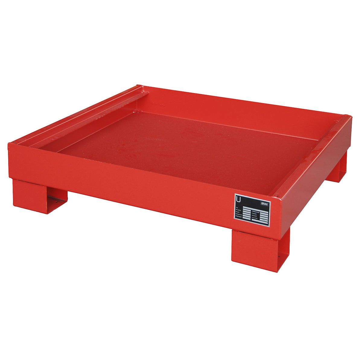 Steel sump tray, LxWxH 800 x 900 x 220 mm, painted flame red RAL 3000, without grate.