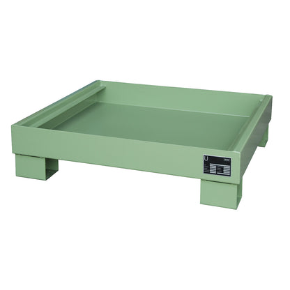Steel sump tray, LxWxH 800 x 900 x 220 mm, painted fir green RAL 6011, without grate.