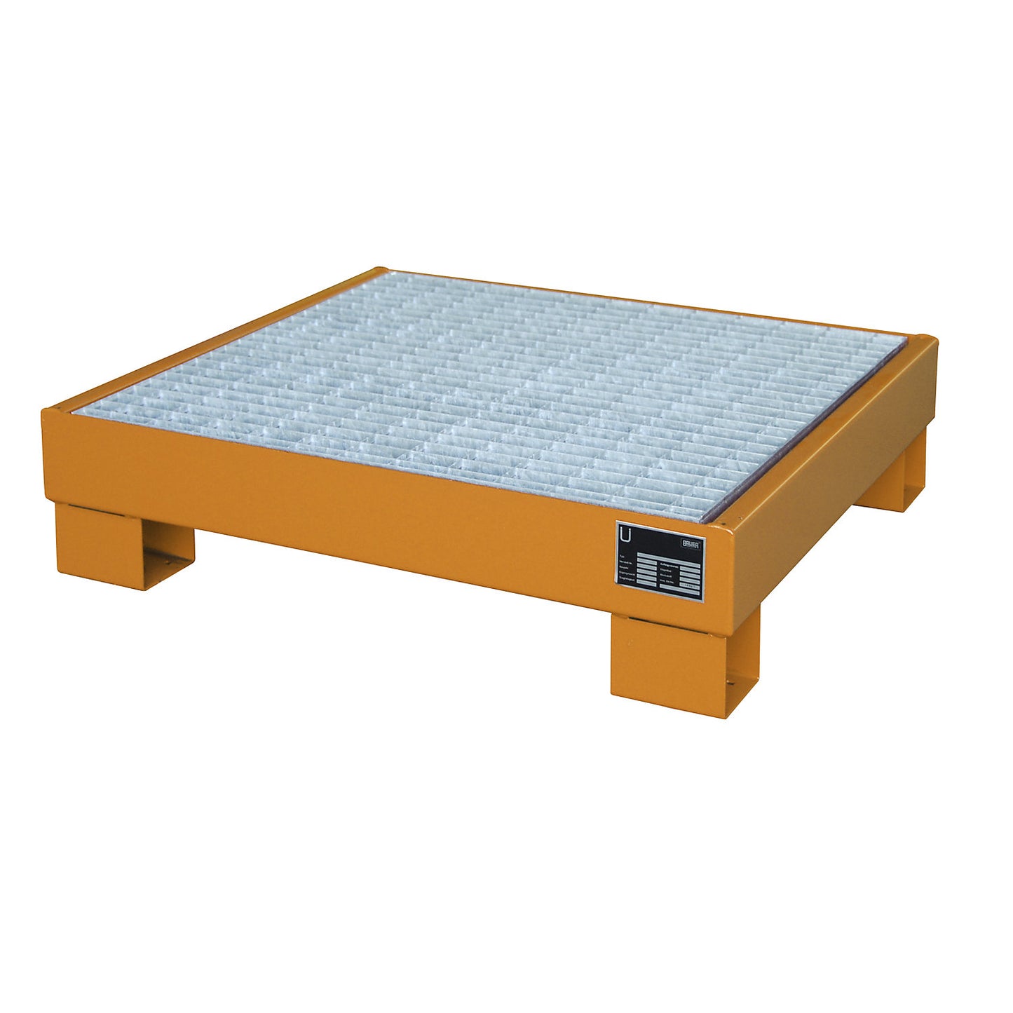 Steel sump tray, LxWxH 800 x 900 x 220 mm, painted orange RAL 2000, with grate.