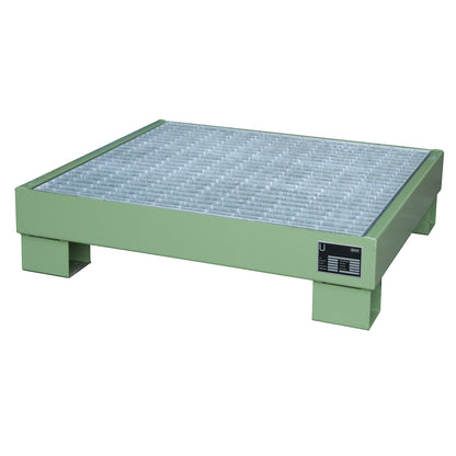 Steel sump tray, LxWxH 800 x 900 x 220 mm, painted fir green RAL 6011, with grate.