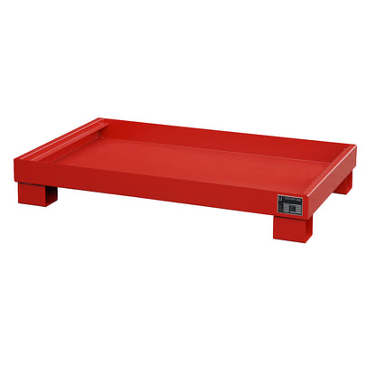 Steel sump tray, LxWxH 800 x 1300 x 205 mm, painted flame red RAL 3000, without grate.