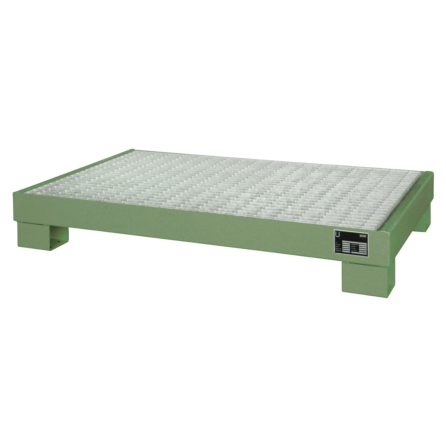 Steel sump tray, LxWxH 800 x 1300 x 205 mm, painted fir green RAL 6011, with grate.