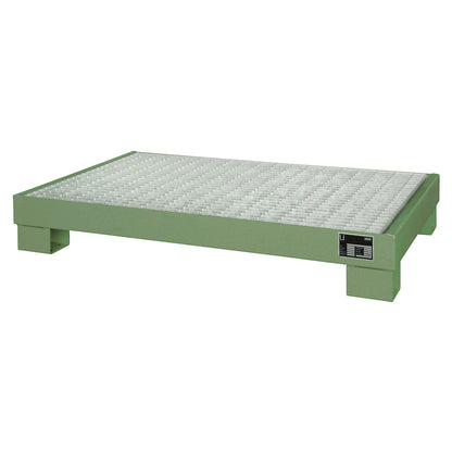 Steel sump tray, LxWxH 800 x 1300 x 205 mm, painted fir green RAL 6011, with grate.