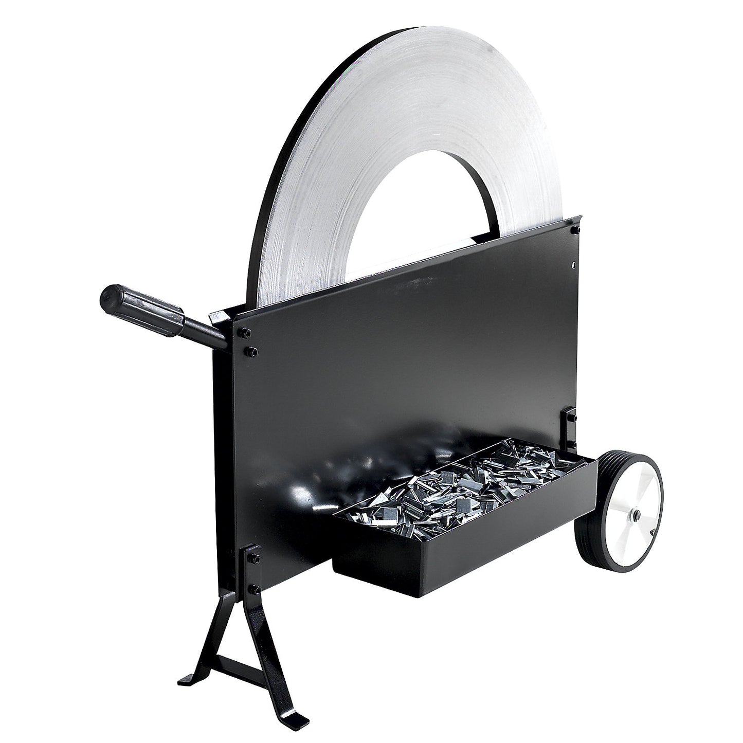 Strap dispenser for steel strapping, for ribbon coils, strap width 13 - 19 mm, mobile, with storage compartment.