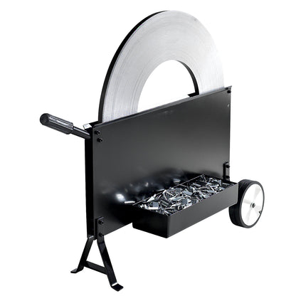 Strap dispenser for steel strapping, for ribbon coils, strap width 13 - 19 mm, mobile, with storage compartment.
