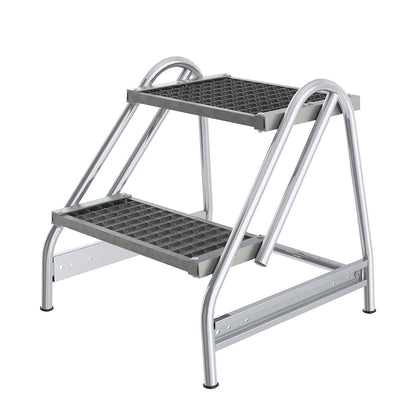 Aluminium work platform, steps made of steel grate, single sided access, 2 steps.