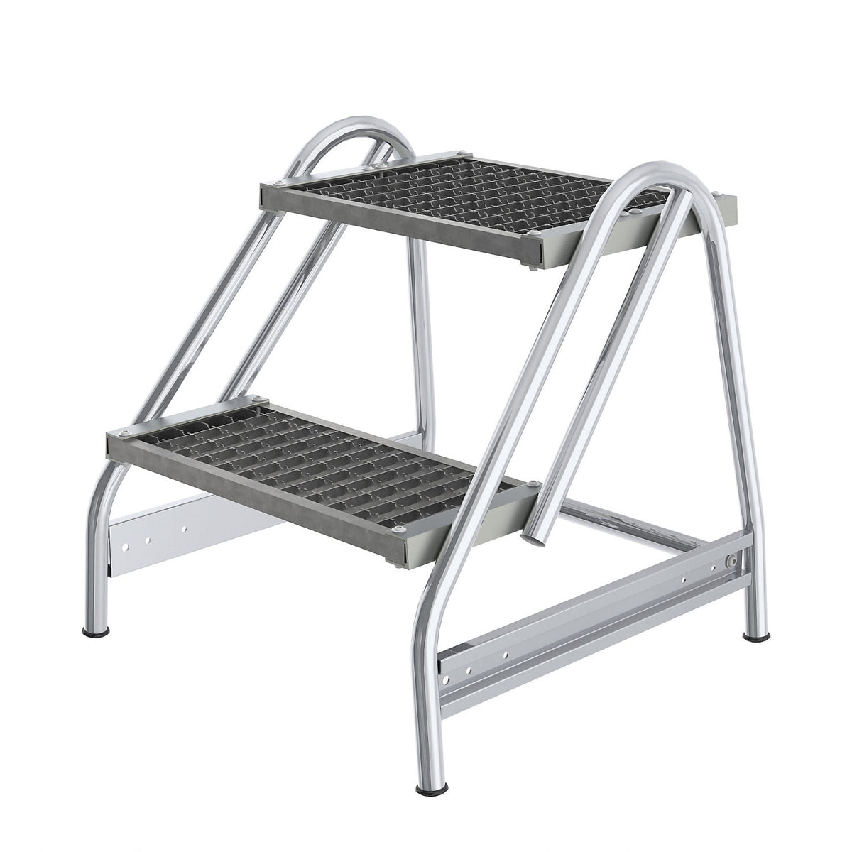 Aluminium work platform, steps made of steel grate, single sided access, 2 steps.