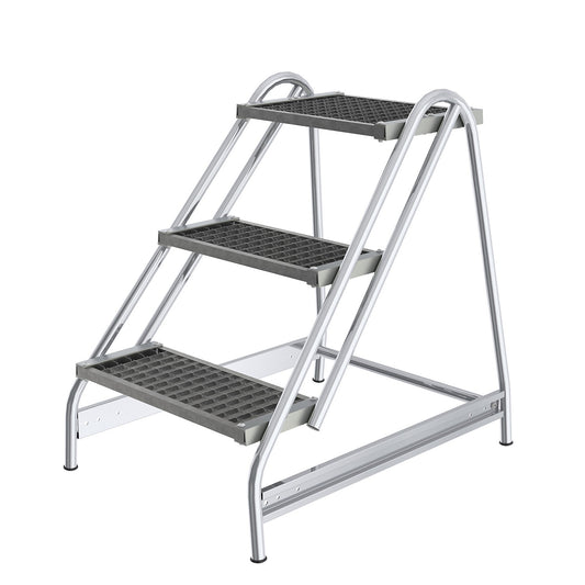 Aluminium work platform, steps made of steel grate, single sided access, 3 steps.