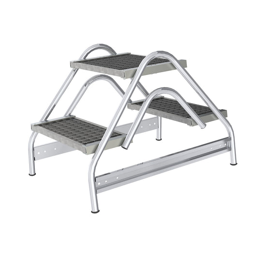 Aluminium work platform, steps made of steel grate, double sided access, 2 steps.