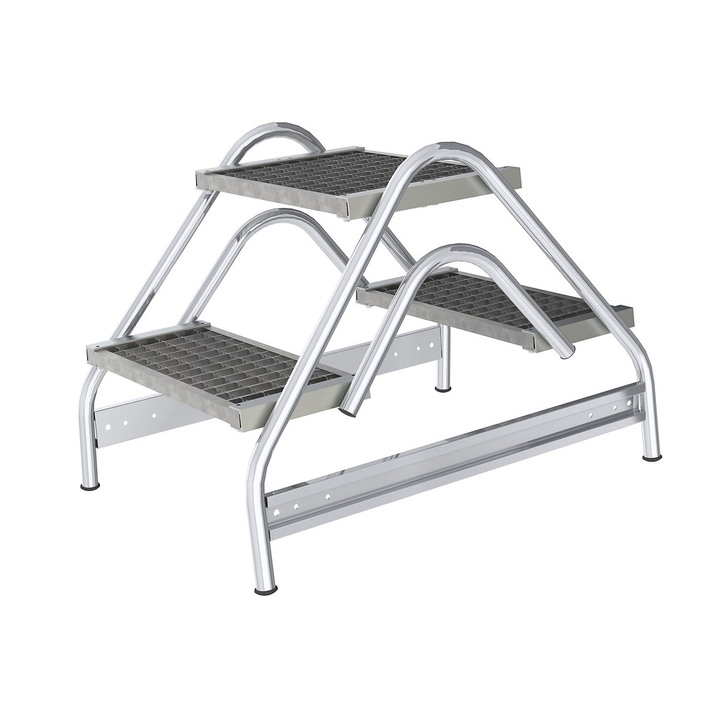 Aluminium work platform, steps made of steel grate, double sided access, 2 steps.