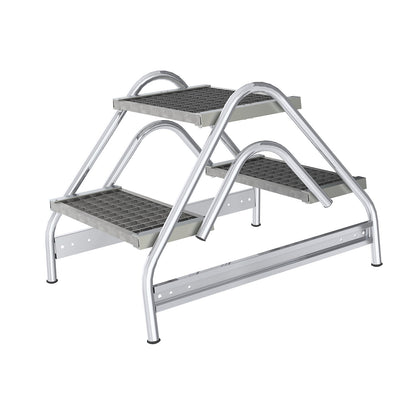 Aluminium work platform, steps made of steel grate, double sided access, 2 steps.