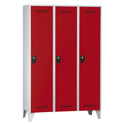 Köln clothes locker, 3 compartments, light grey / flame red, 1200 mm.