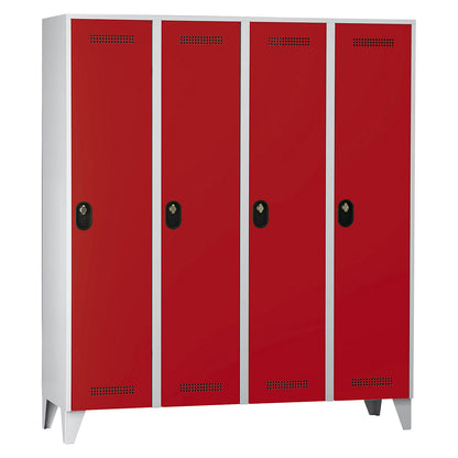 Köln clothes locker, 4 compartments, light grey / flame red, 1600 mm.