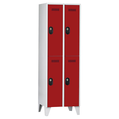 Köln double deck clothes locker, 2 compartments, light grey / flame red, 600 mm.