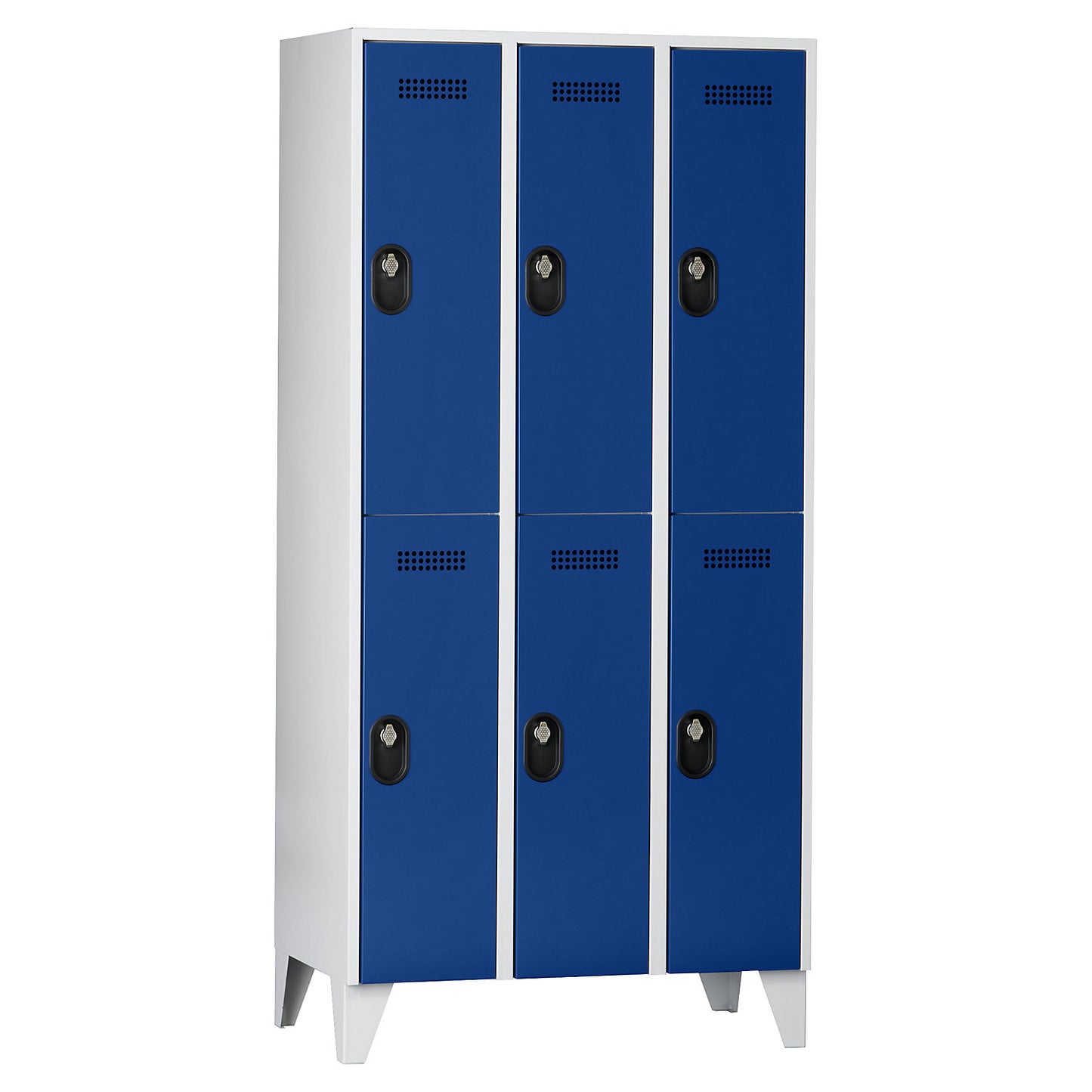 Köln double deck clothes locker, 3 compartments, light grey / gentian blue, 900 mm.