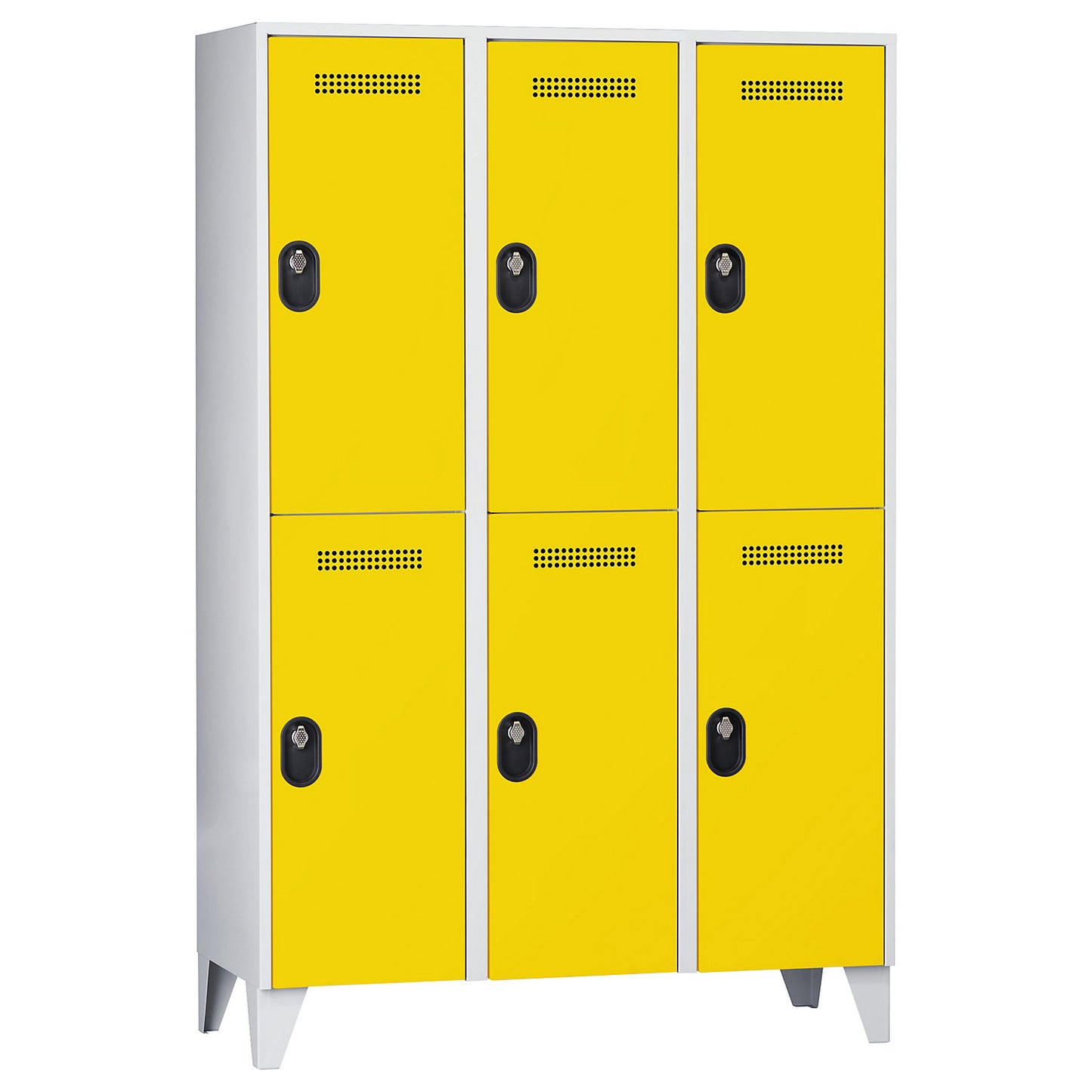 Köln double deck clothes locker, 3 compartments, light grey / zinc yellow, 1200 mm.