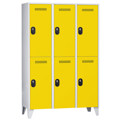 Köln double deck clothes locker, 3 compartments, light grey / zinc yellow, 1200 mm.