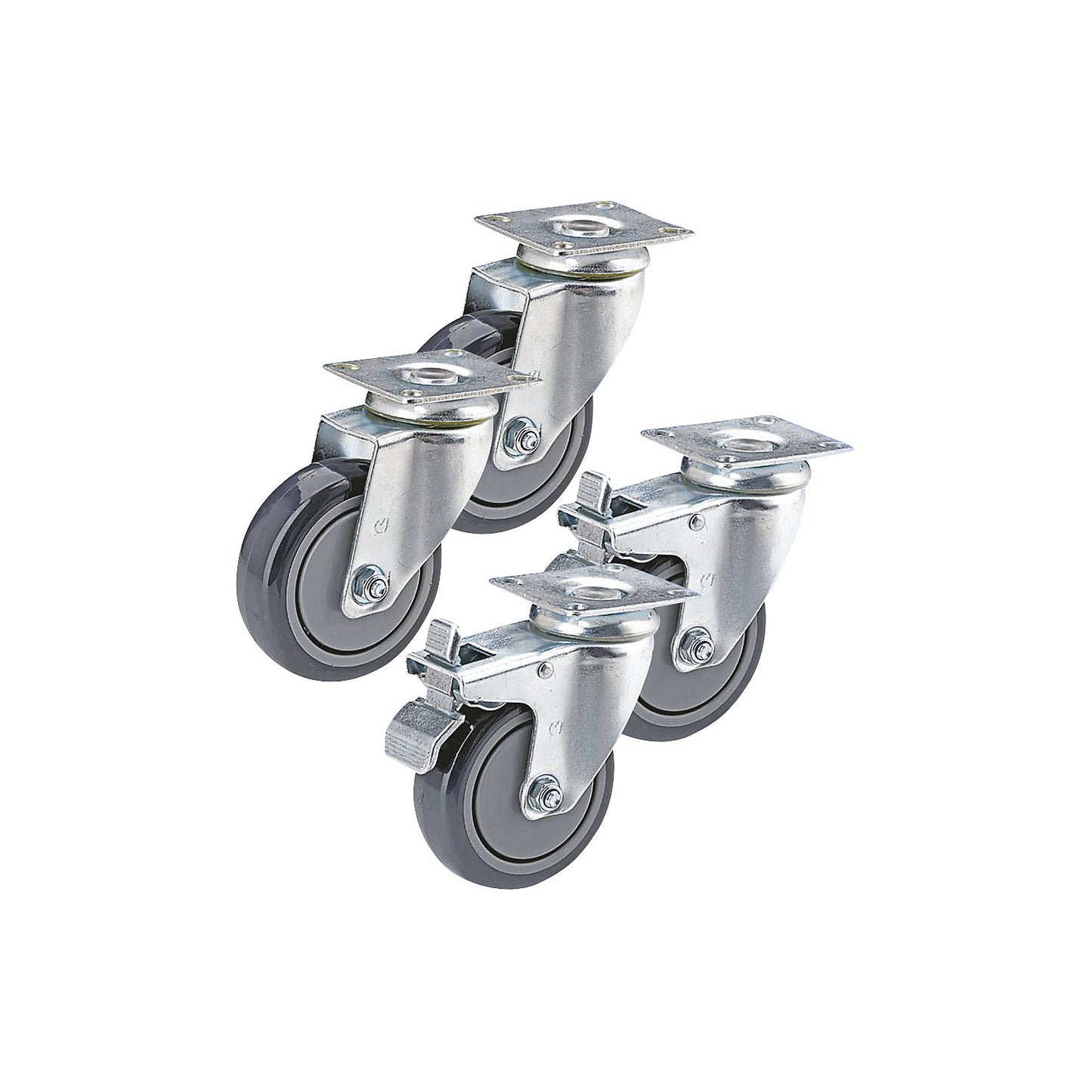 Thermoplastic rubber tyre, set offer, 2 swivel castors and 2 swivel castors with wheel stops, mounting plate, wheel Ø x width 75 x 25 mm.