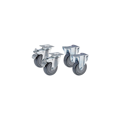 Thermoplastic rubber tyre, set offer, 2 swivel castors with wheel stops and 2 fixed castors, mounting plate, wheel Ø x width 100 x 32 mm.