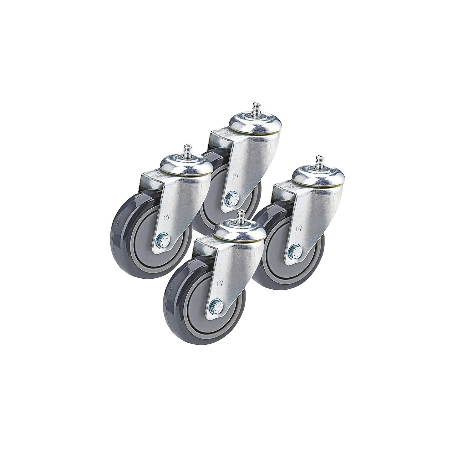 Thermoplastic rubber tyre, set offer, 4 swivel castors with threaded pins, wheel Ø x width 75 x 25 mm.