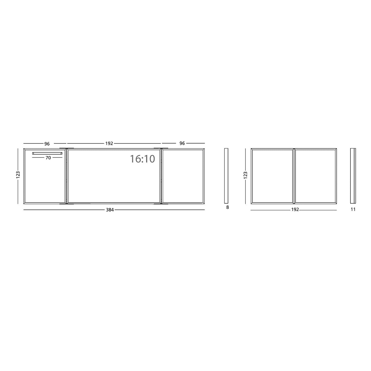 Folding whiteboard, complete set, sheet steel, enamel, 16:10 projection format.