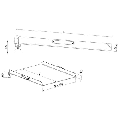 Bridge plate with raised edges, max. load 300 kg, 68 - 150 mm height differential.
